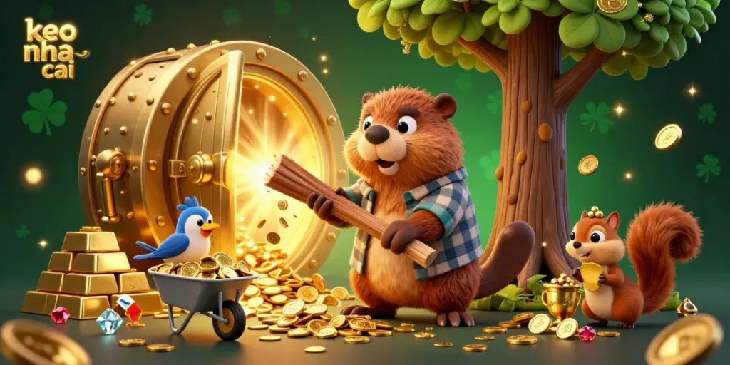 Engage with keo nha cai by watching the charming scene of a lumberjack beaver collecting golden coins.