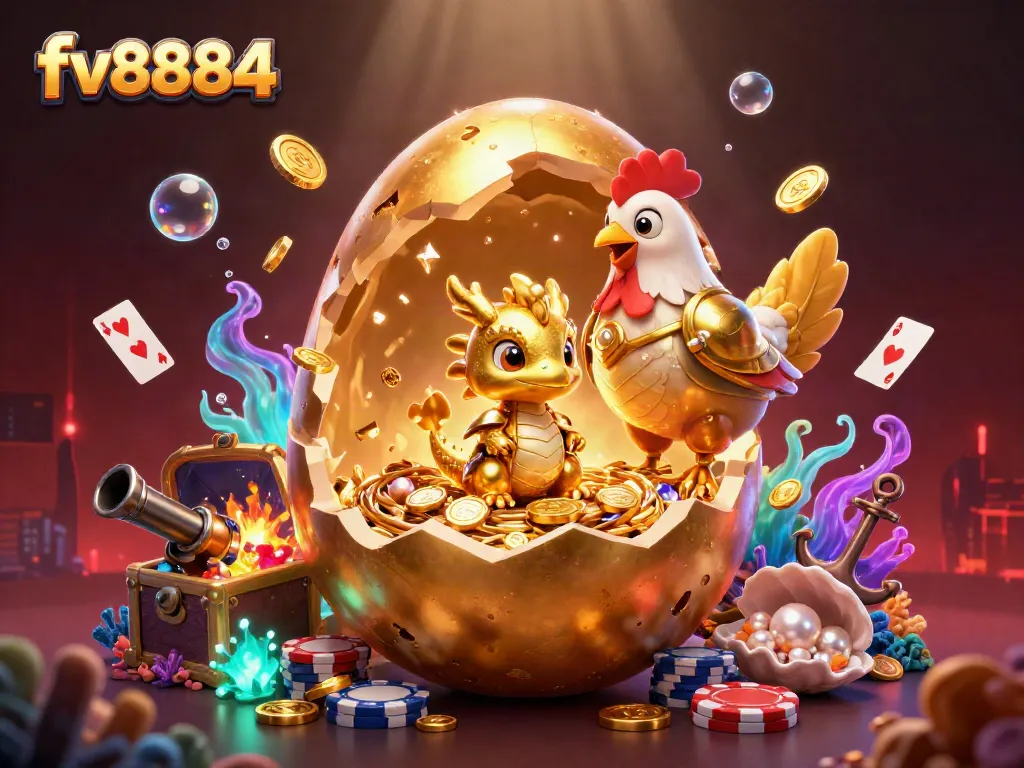 Unleash your luck with fv8884, revealing a golden dragon amidst casino treasures!