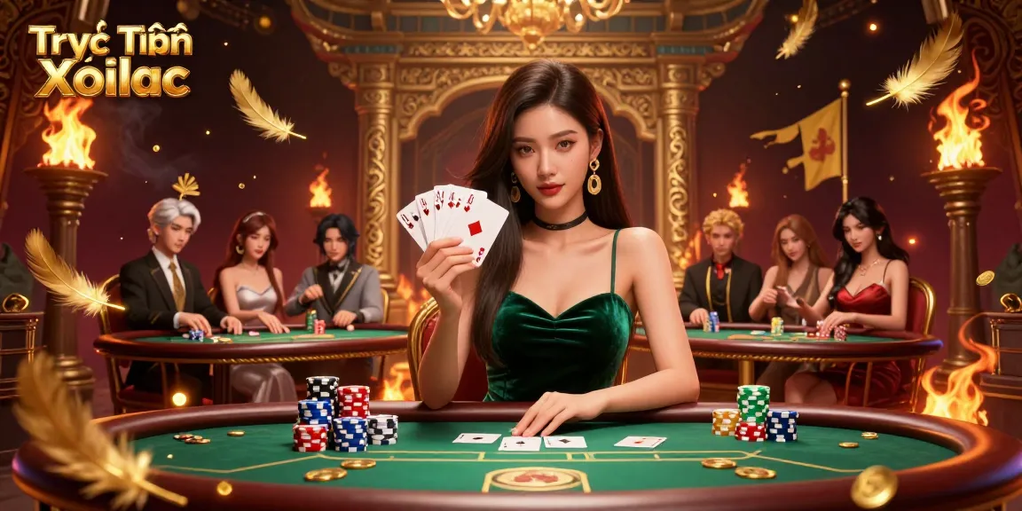 Engage in winning strategies with Trực Tiếp Xoilac at a premier poker table surrounded by dynamic game elements.