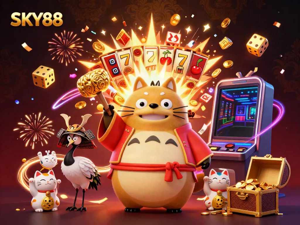 Experience the excitement of SKY88 with a cheerful raccoon, samurai crane, and waving fortune cats in a vibrant casino scene.