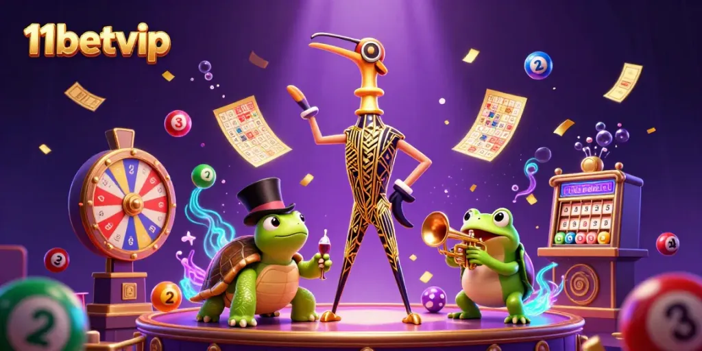 Experience 11betvip with a vibrant casino scene featuring a flapper crane, turtle, and frog amidst colorful lottery elements.