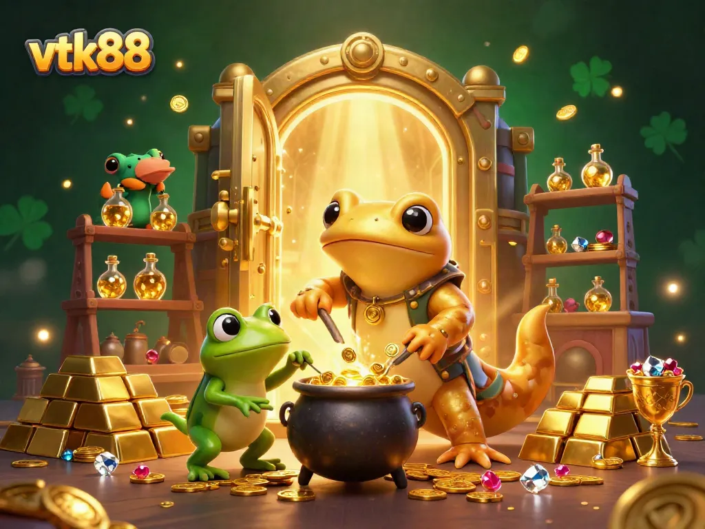 Engaging gameplay at vtk88 showcases an ultra-detailed 3D alchemist scene filled with gold treasures.