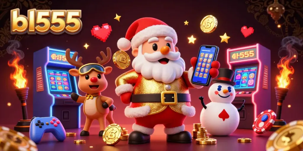 Spin slots and celebrate with bl555 in a colorful casino scene with characters enjoying games.