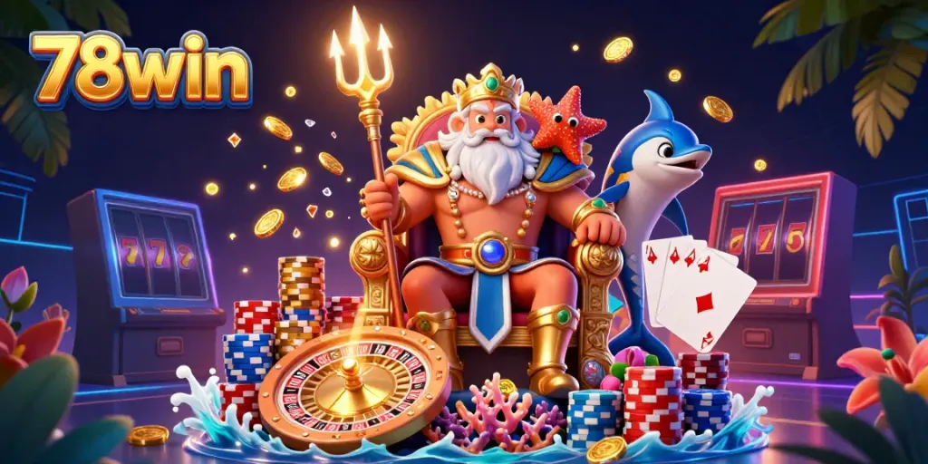 Engage in thrilling gaming moments at 78win with Neptune, spinning reels, and cascading gold!