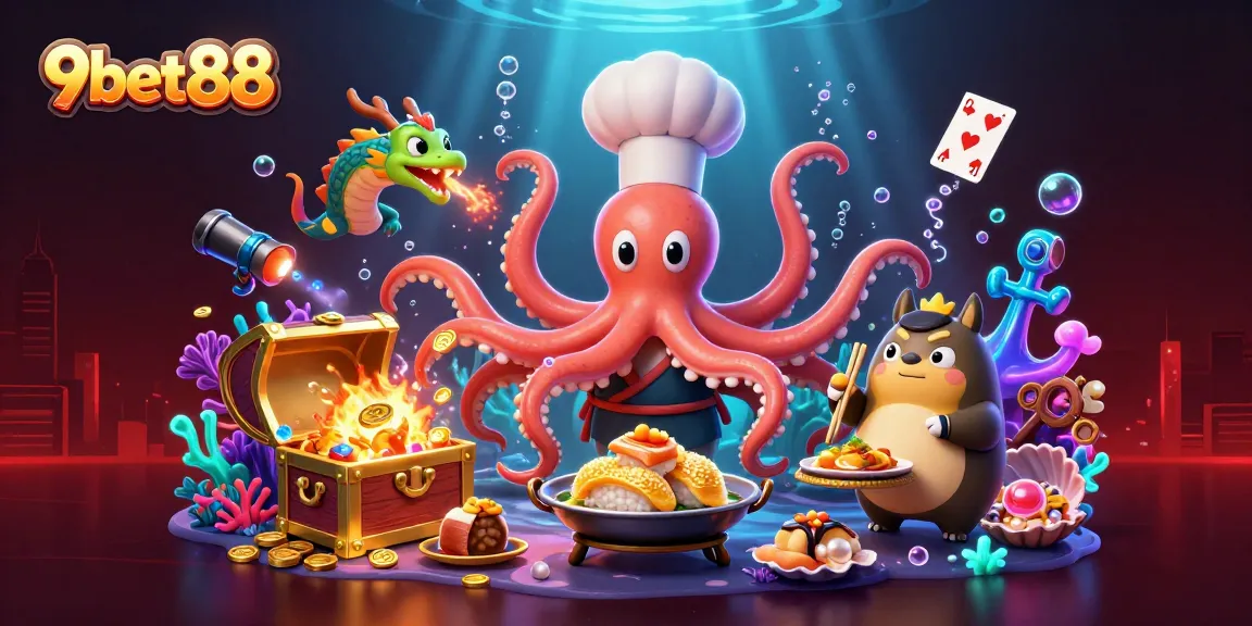 Experience the excitement of 9bet88 with a vibrant underwater casino scene featuring unique characters and elements.