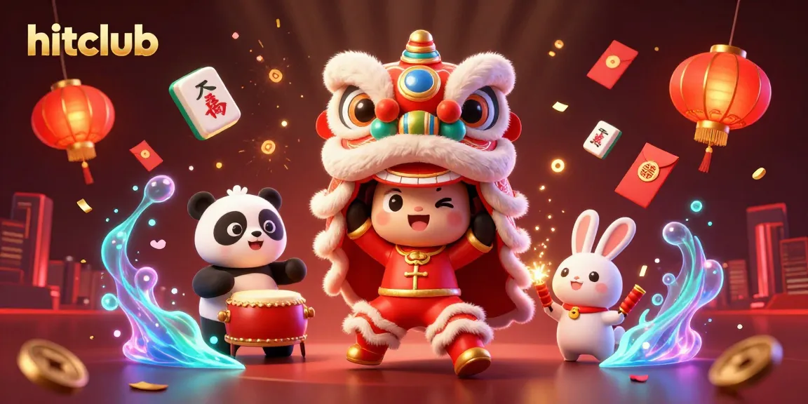 Hitclub casino scene with a lively lion dance and festive elements, offering vibrant gaming energy.