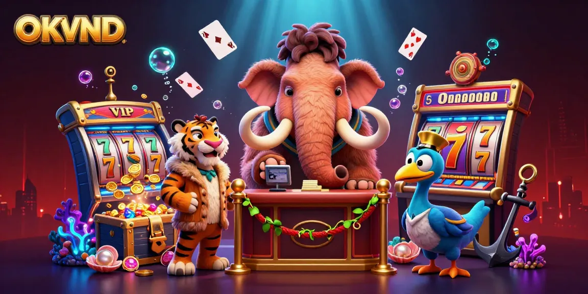 Experience thrilling gaming action with OKVND, featuring vibrant characters and casino elements in a dynamic scene.
