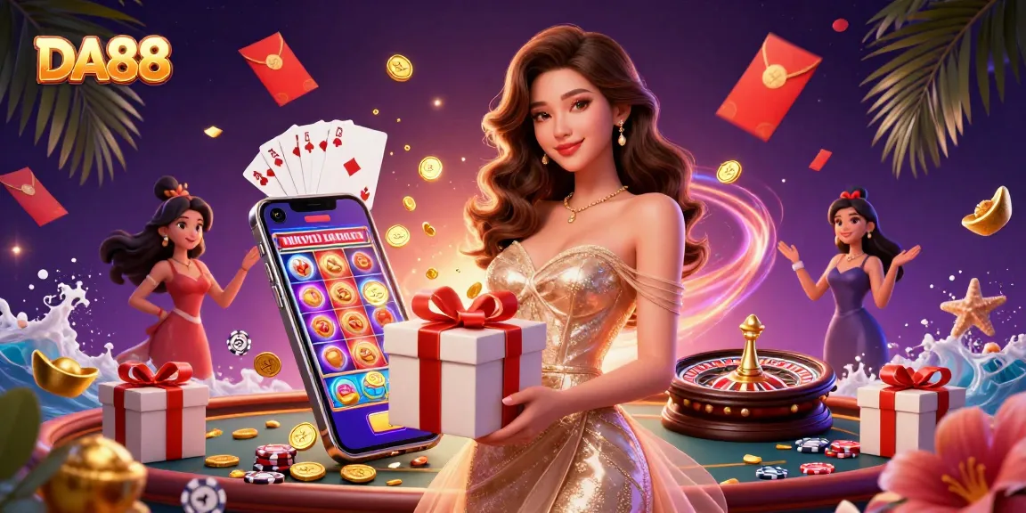 Engage with DA88 through winning strategies in a vibrant casino scene with festive elements.