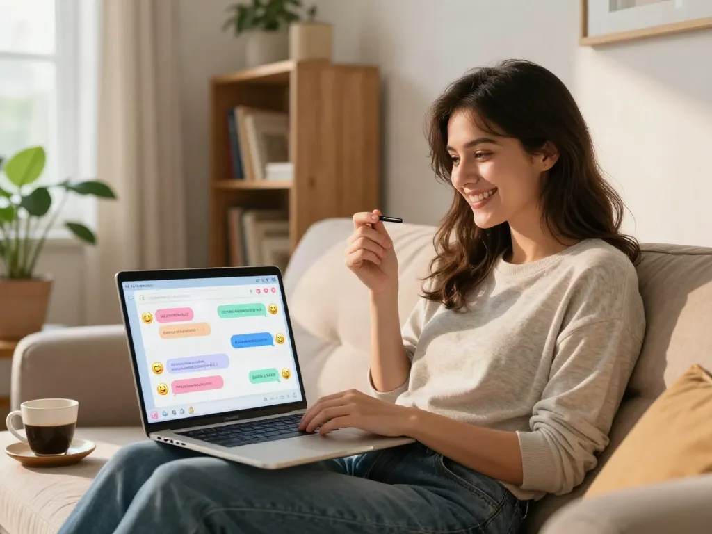 Spicy AI chat interface engaging a user in a cozy home, showcasing fun emojis and a friendly atmosphere.