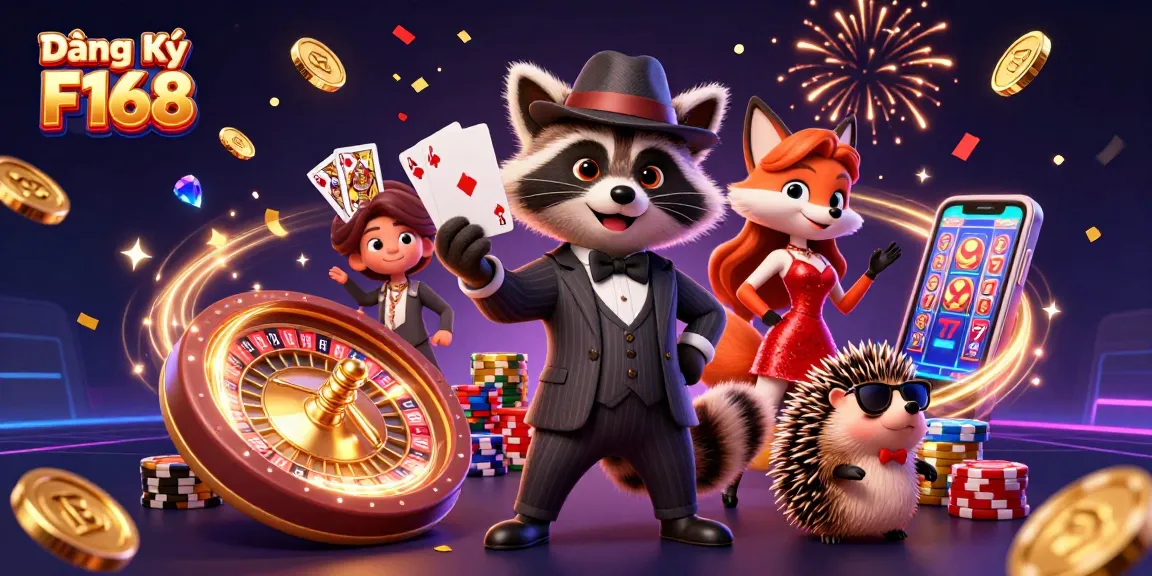 Experience the excitement of Đăng Ký F168 with a vibrant casino scene featuring characters engaging in thrilling gambling activities.