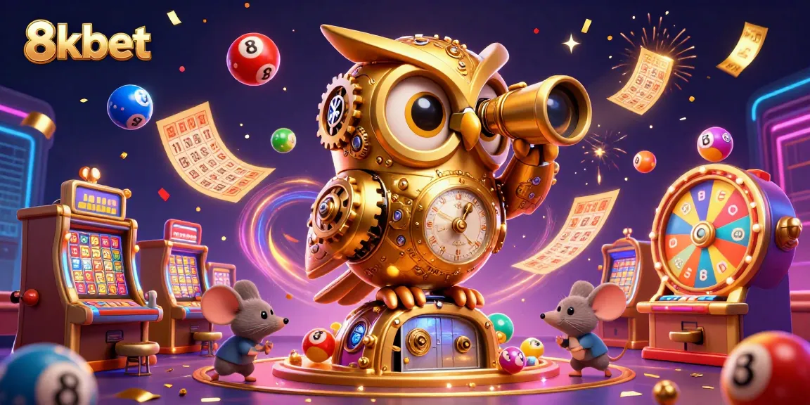 Experience the excitement at 8kbet, where a 3D cartoon owl tracks gaming action in a vibrant casino scene.