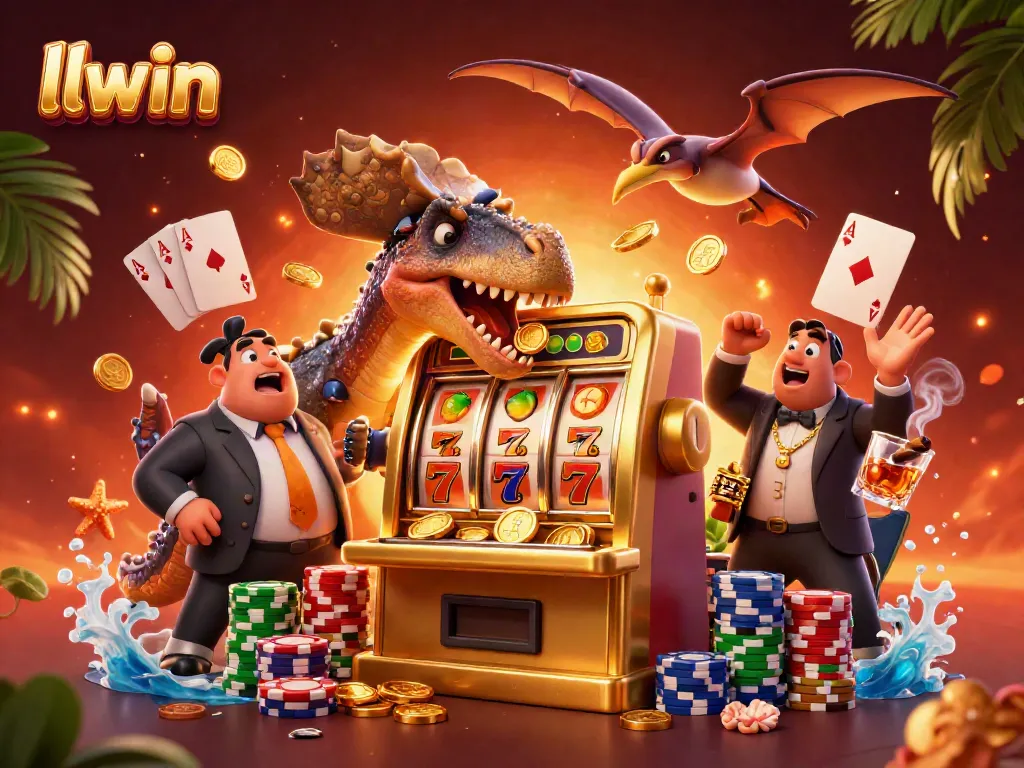 llwin engages a dinosaur jackpot scene with golden coins flying amidst vibrant casino elements