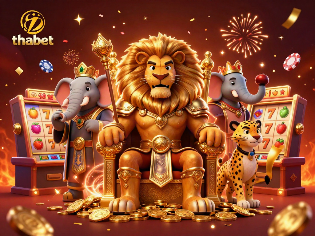 Engage in thrilling gameplay at thabet with an exciting 3D casino scene featuring vibrant characters and slots.