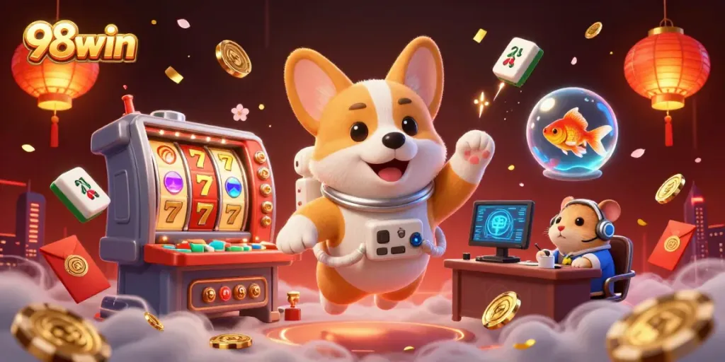 Experience excitement in 98win's space casino featuring playful elements and engaging game symbols.