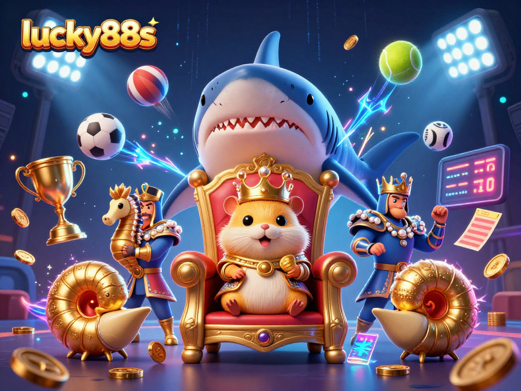 Engage in exciting gameplay at lucky88s, featuring a fierce hamster king on a shark throne amidst thrilling sports illustrations.