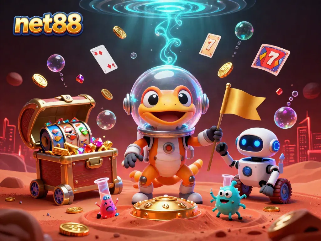 Experience thrilling wins at net88 with a vibrant casino scene featuring a Martian gecko and treasure.