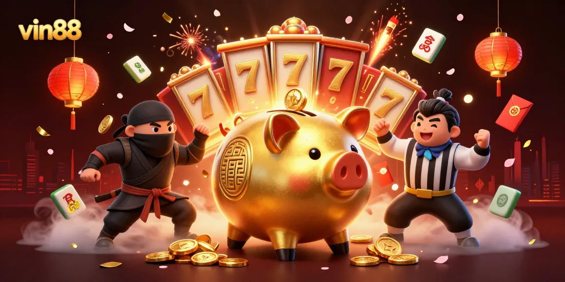 Experience thrilling gaming with vin88's vibrant 3D illustration of a golden piggy bank sumo wrestler, dynamic slot elements, and festive activities.