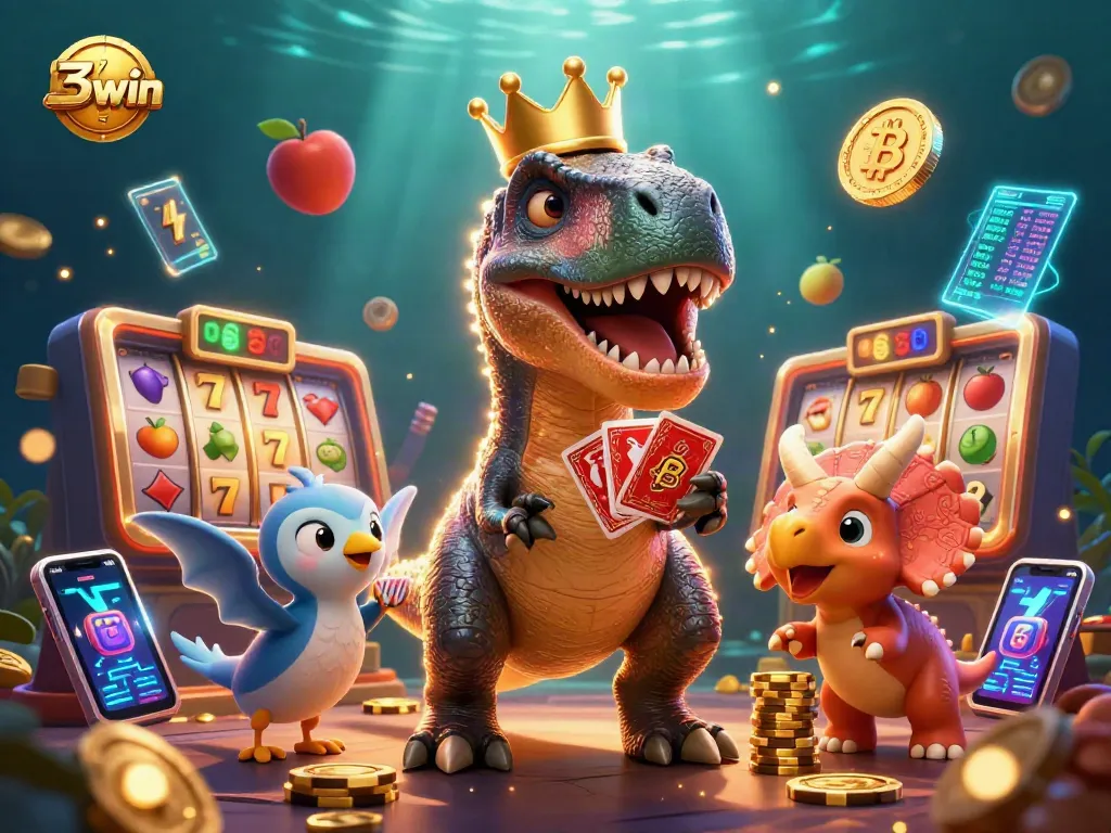 32win casino cartoon scene featuring T-Rex shuffling cards and winning big with 3D coins