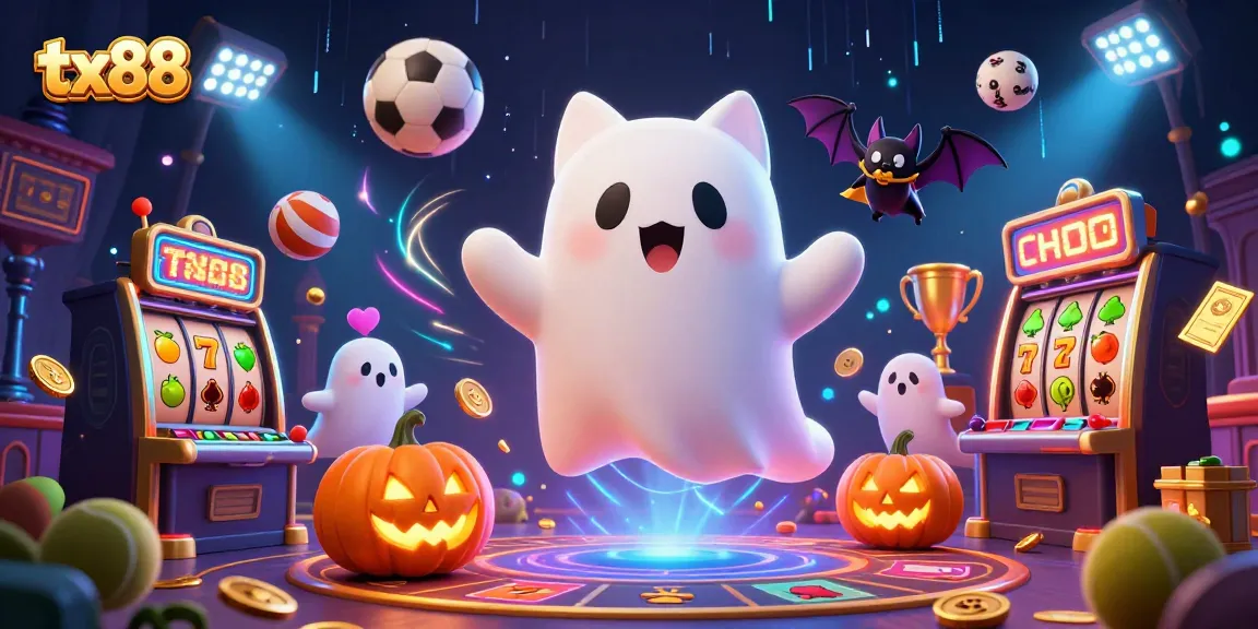 tx88 showcases a ghost cat and bat in a haunted casino, featuring vibrant slots and glowing sports elements.