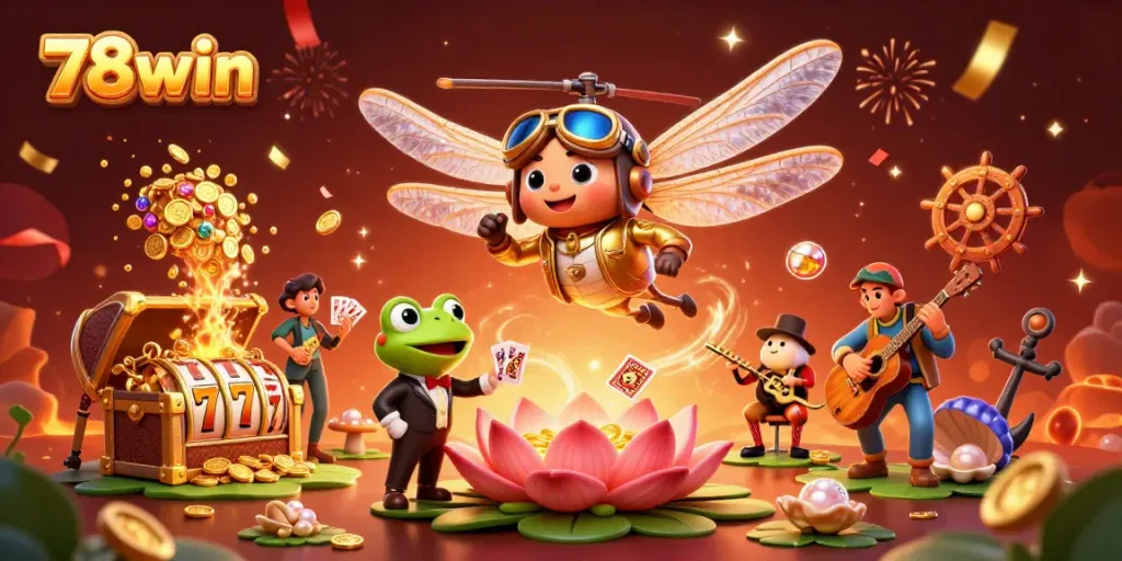Create exciting winning moments with 78win as a dragonfly pilot and frog croupier animatedly engaging in a vibrant casino setting.