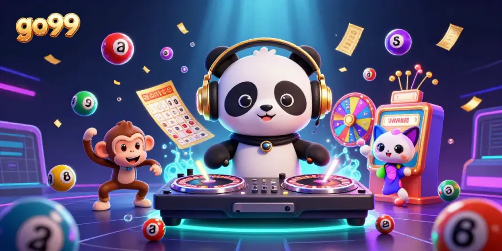 Engage with go99's vibrant gaming world where a DJ panda spins luck at a dynamic casino party.