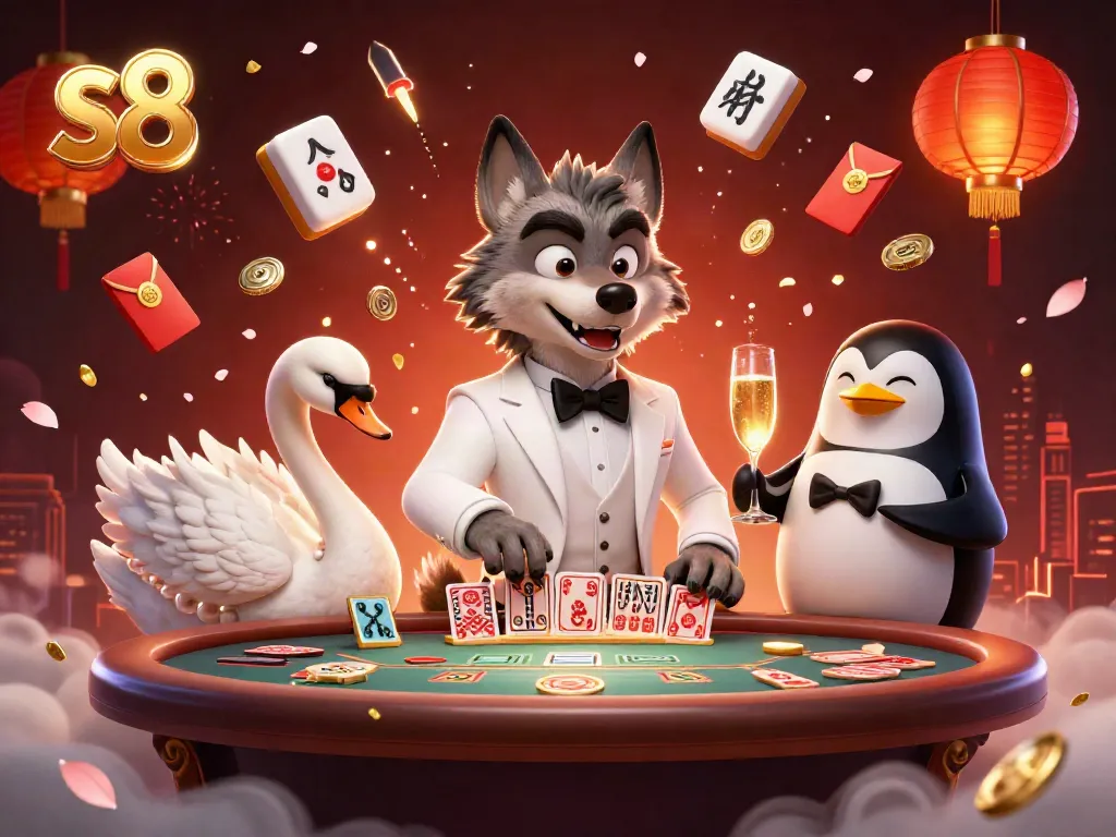 Experience luxury gaming at s8 with a classy wolf, swan dealer, and penguin sommelier.
