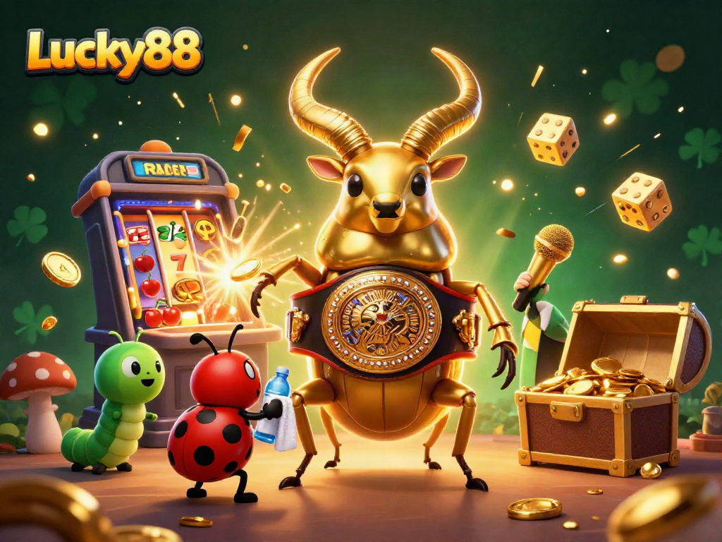 Engage in Lucky88's thrilling slot action with a vibrant 3D illustration featuring a golden stag beetle boxing!