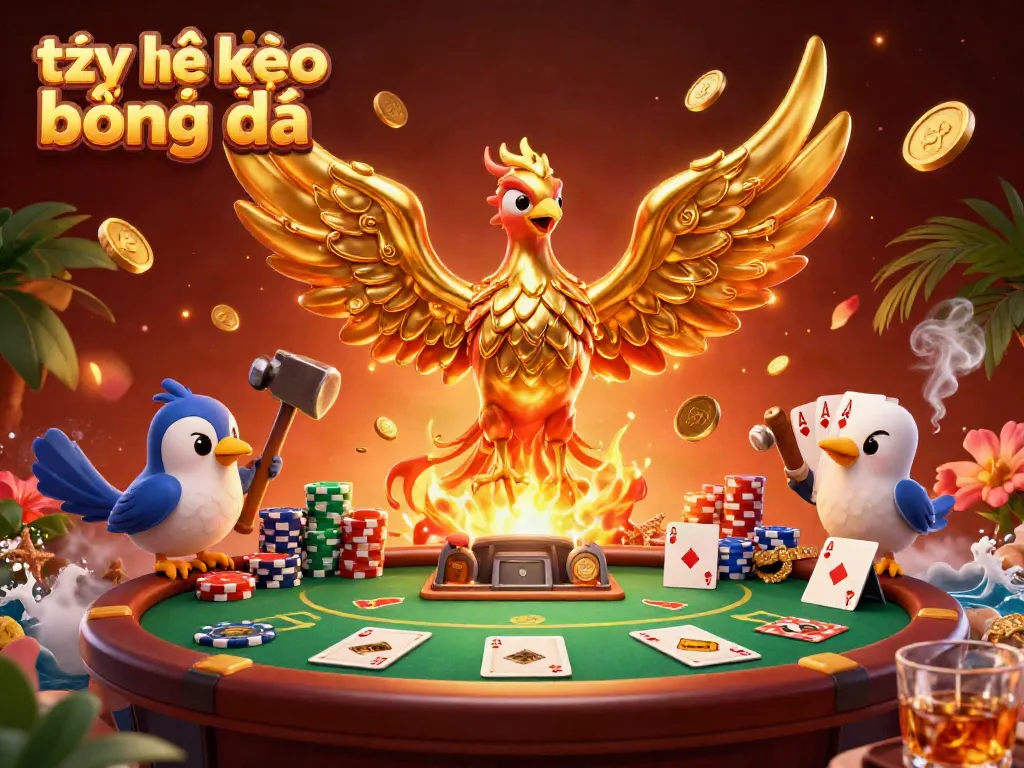 Engaging 3D illustration showcasing tỷ lệ kèo bóng đá with a golden phoenix amid poker elements.