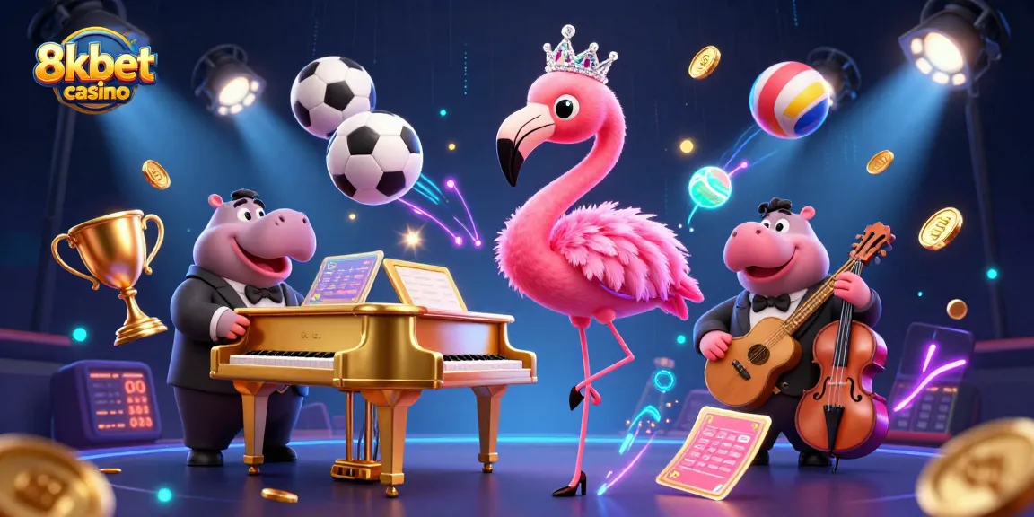 Exciting gameplay at 8kbet casino showcases a vibrant scene with a flamingo singer and hippo bassist.
