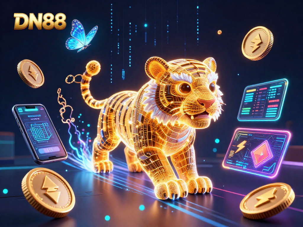 Engage in the exciting world of DN88 with a dazzling neon digital casino scene showcasing a golden tiger and crypto elements.