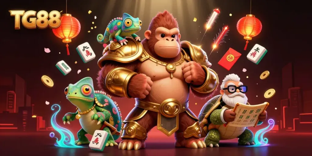 Engage with TG88's vibrant online gaming world, led by a gorilla king in golden armor.
