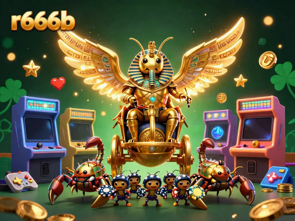 Experience the excitement of r666b with a colorful scene featuring casino games and characters.