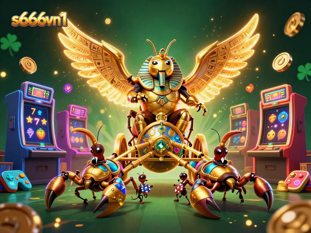 S666vn1 casino scene featuring a golden scarab beetle, scorpions, and poker chips amidst colorful slot machines and casino elements.