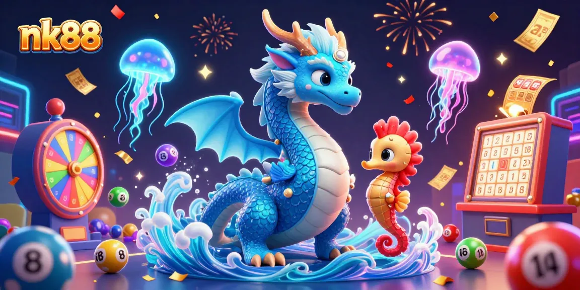 Engaging gameplay at nk88 with a dazzling azure water dragon and vibrant casino elements.