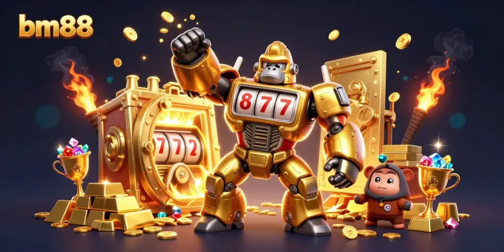 Experience thrilling moments at bm88 with a golden gorilla mech amidst treasures and good fortune.