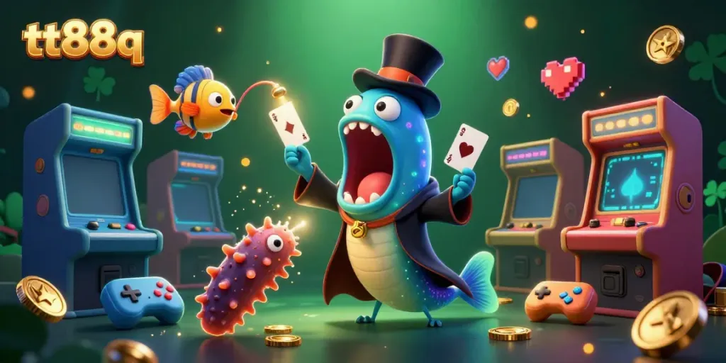 tt88q showcases a magical underwater casino scene with vibrant characters performing tricks.