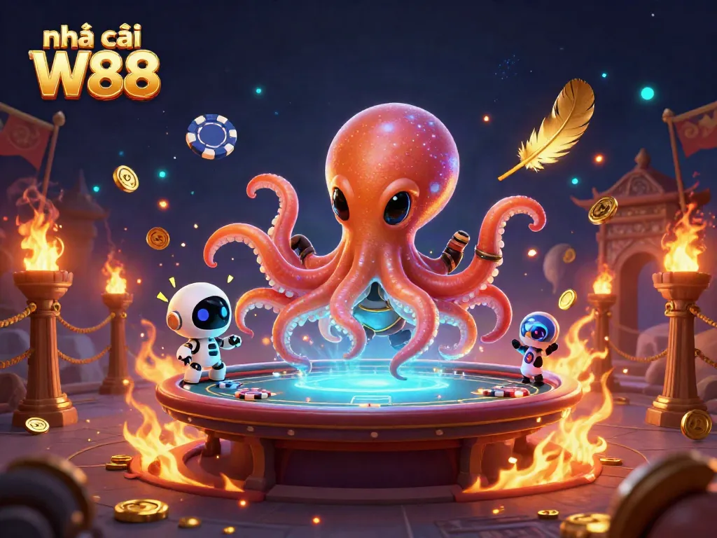 Experience the excitement of nhà cái W88 with a vibrant alien octopus gambling scene, showcasing unique game elements and atmosphere.
