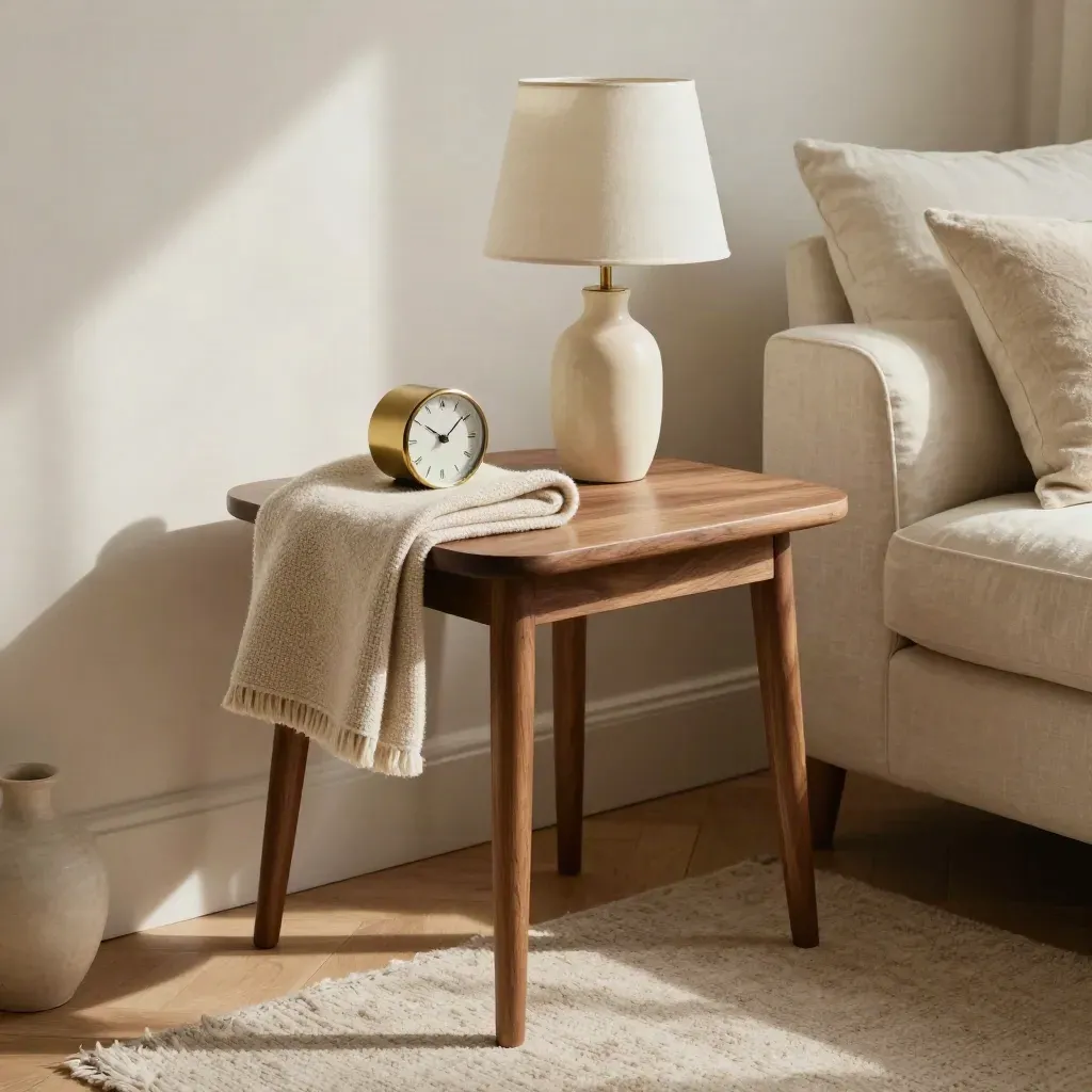 Rustige leeshoek met walnotenhouten tafel, plaid en lamp in warm ochtendlicht.