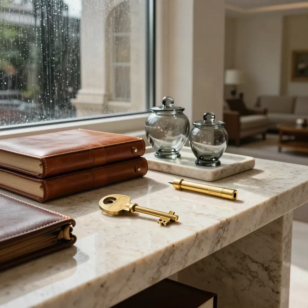 Luxe financieel stilleven op travertin console met goudkleurige details in een rustige kantoorlounge.