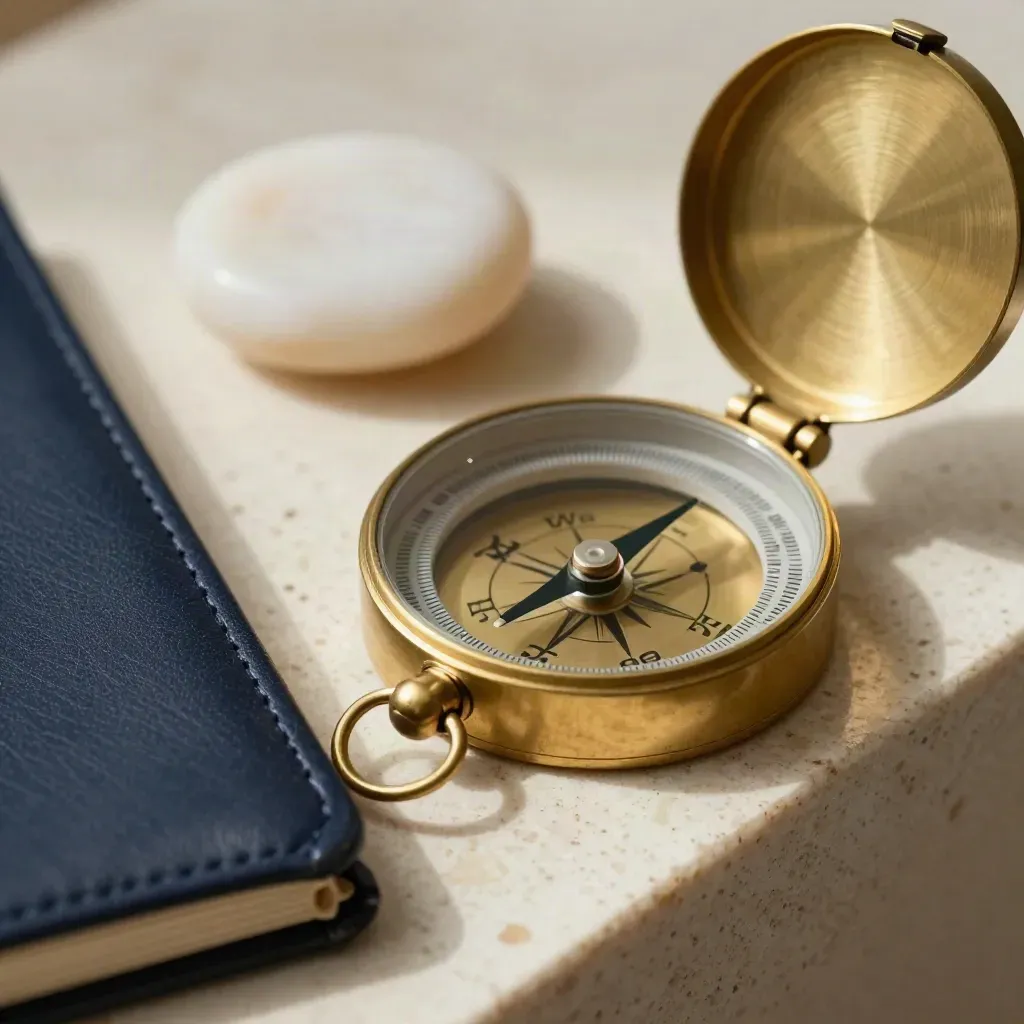 Brass compas met leren map en stenen gewicht op travertijn, luxe close-up.