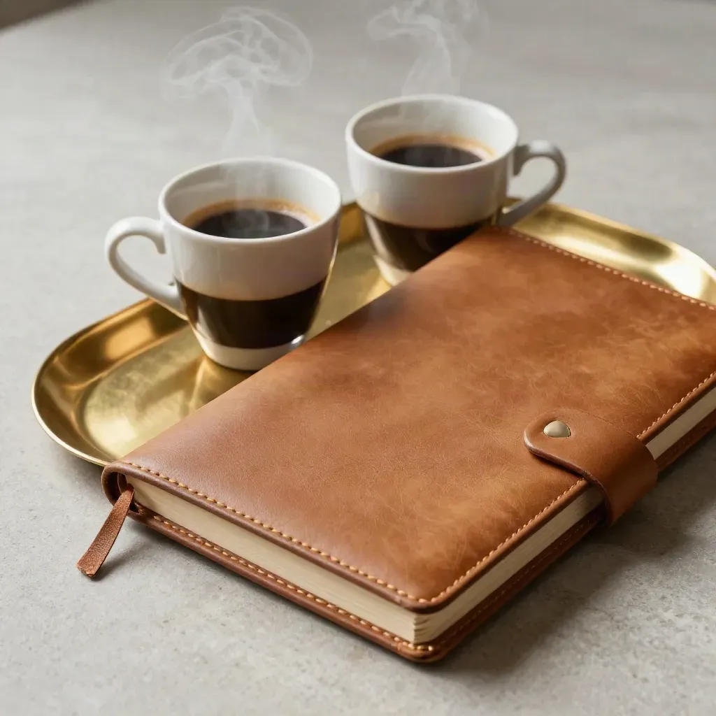 Twee espressokopjes, een leren notitieboek en een messing schaal op lichte steen.