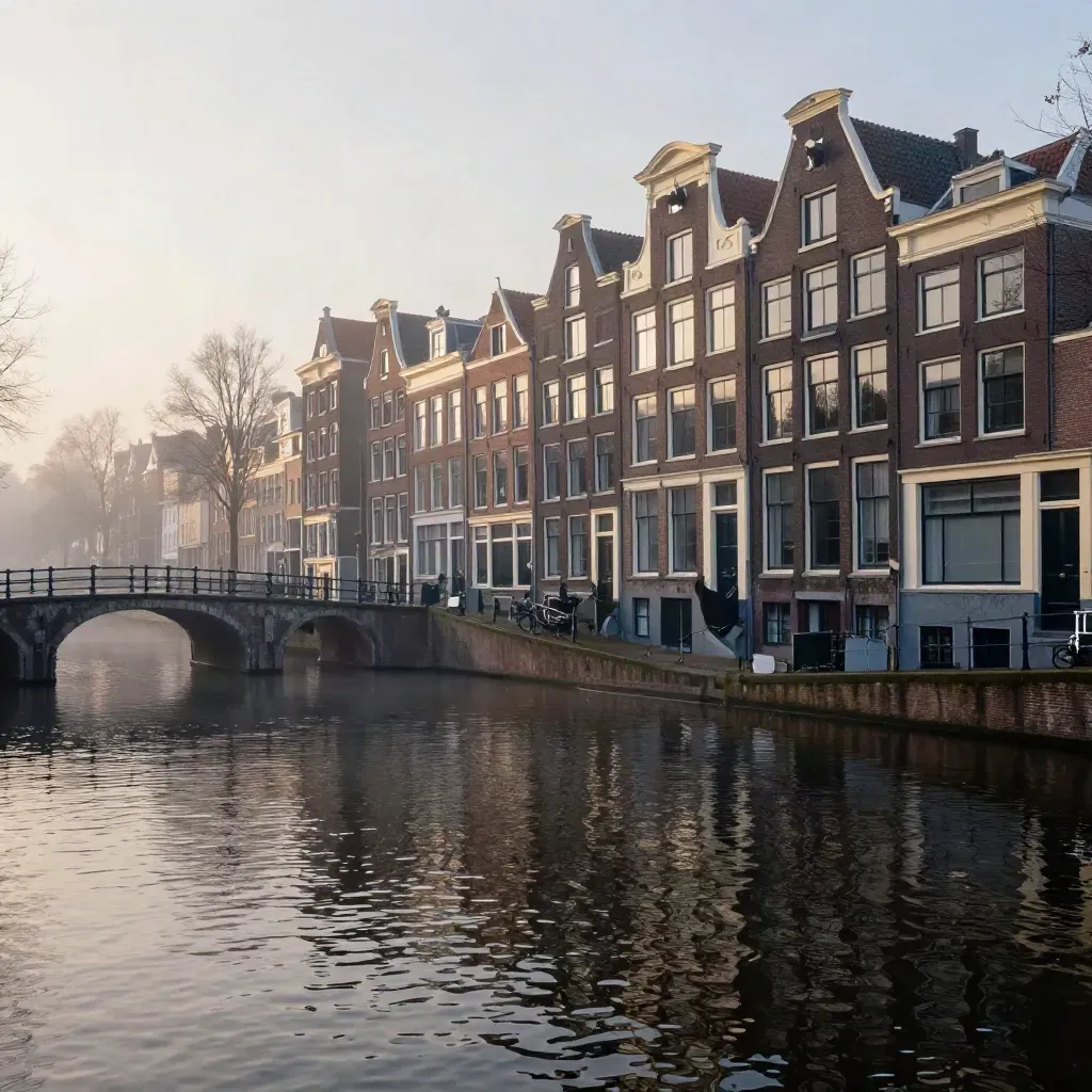 Amsterdamse grachten bij dageraad, met bruggen, gevels en rustig spiegelend water