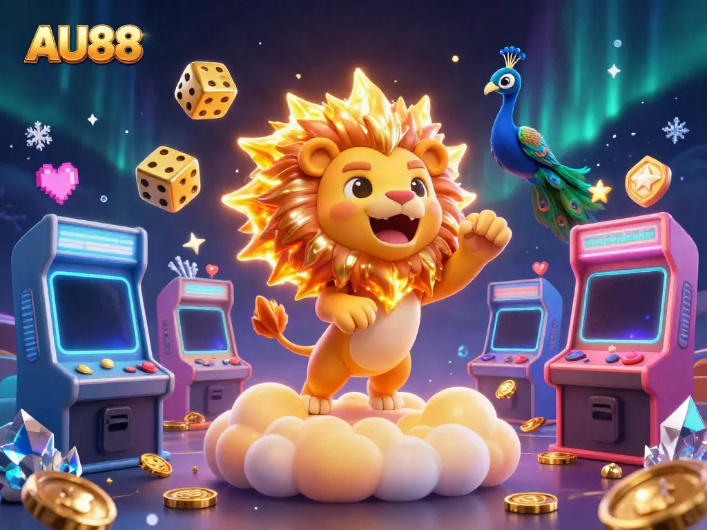 Experience the excitement of AU88 with vibrant casino elements and a dynamic 3D lion mascot.