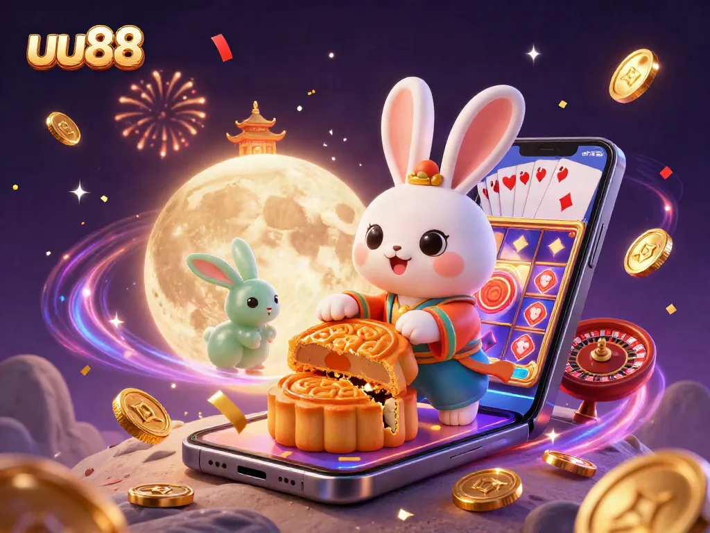 uu88 casino-themed artwork featuring a moon rabbit and vibrant gaming elements
