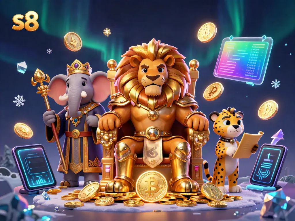 Experience the excitement of the s8 casino with a lion king surrounded by 3D coins and vibrant gaming elements.