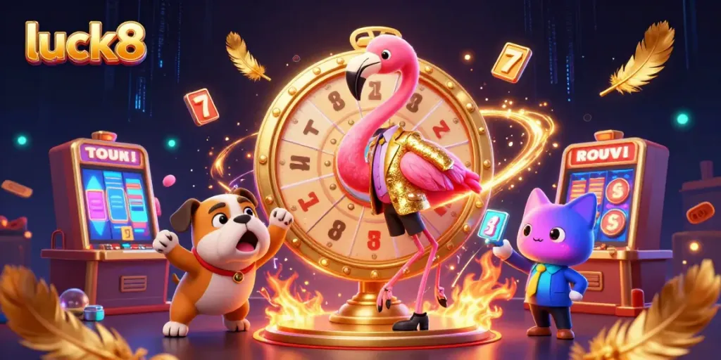 Experience winning at luck8 with an exciting casino scene featuring game show characters celebrating prizes and slots.
