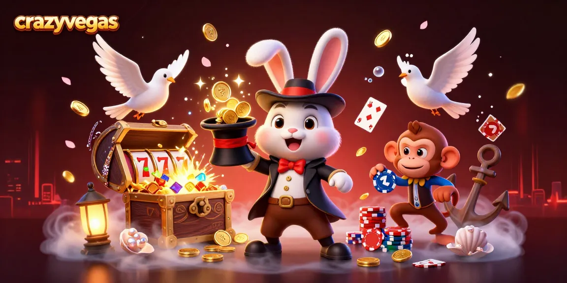 Experience crazyvegas with a magician rabbit, golden coins, and slot reels in a vibrant casino scenario.
