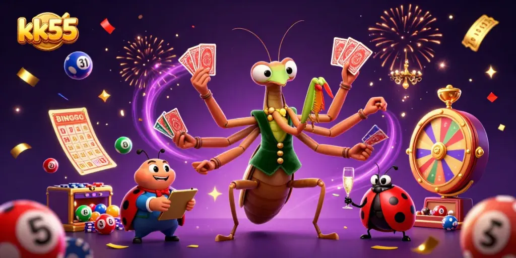 kk55 casino promotion featuring a giant praying mantis and ladybug pit boss amidst vibrant gaming elements