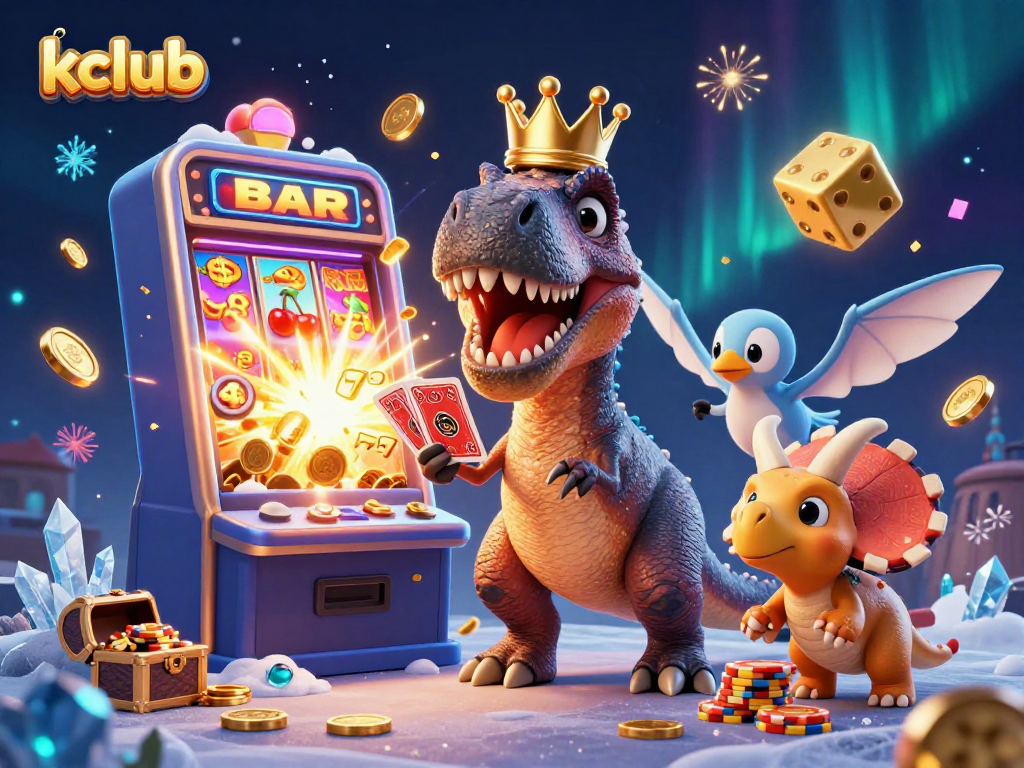 Kclub casino scene featuring a friendly T-Rex shuffling cards and friends stacking chips, surrounded by slot machine action.