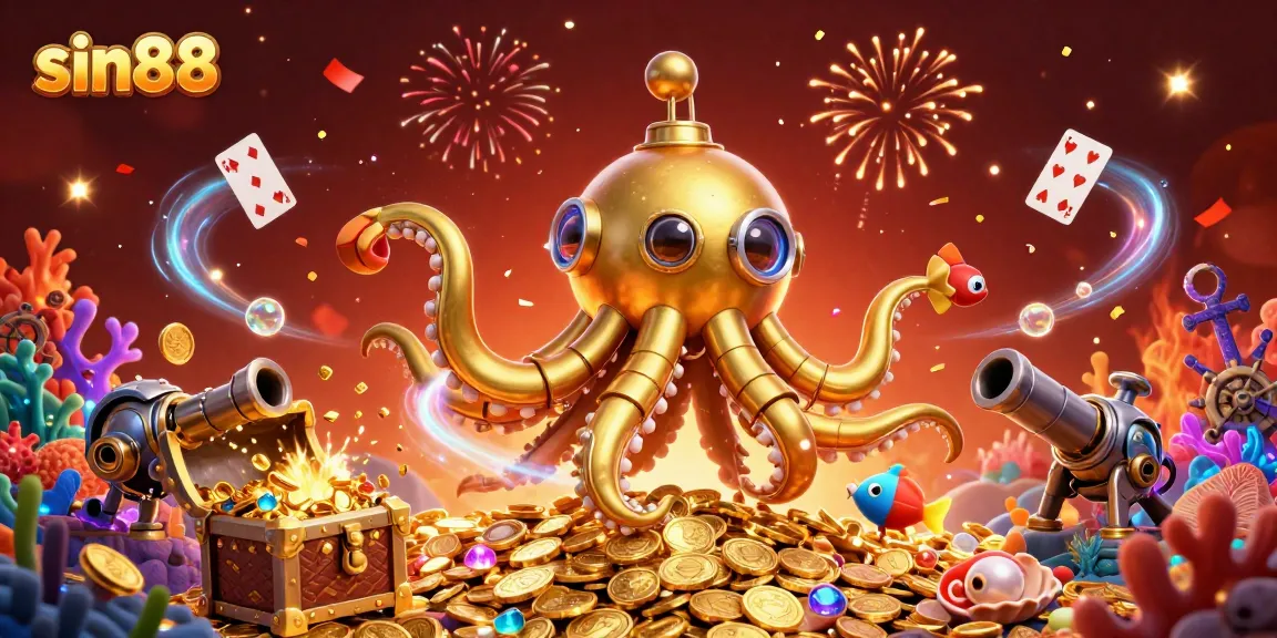 Experience the thrill of sin88 with a spectacular 3D kraken submarine amidst coins and casino excitement.